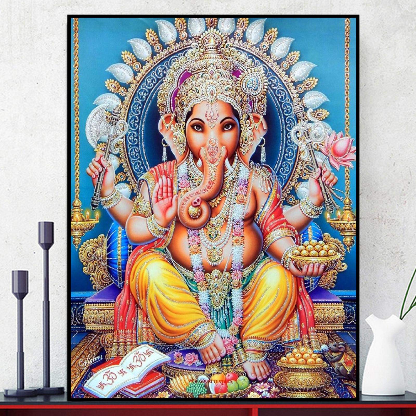Amazon｜現代抽象色ヴィンテージ絵画象の頭神ガネーシャ古典的な
